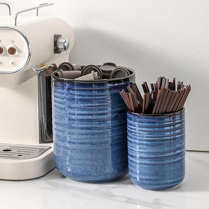 Hasense Ceramic Utensil Holder for Kitchen Counter, 7.4"+5.5" Caddy Set of 2, Large Cooking Holder for Countertop, Crock for Farmhouse Decor, Blue