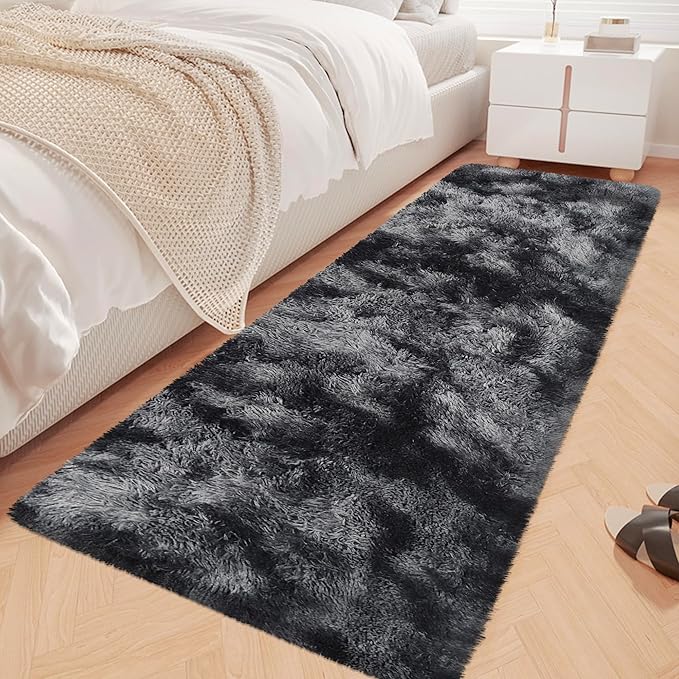 Tie-Dyed Runner Rug for Bedroom Black Grey 2x6ft Fluffy Area Rug Bedside Runner Rug for Kids Room Boys Teens Nursery Baby Living Room Dorm Home Decor Carpets