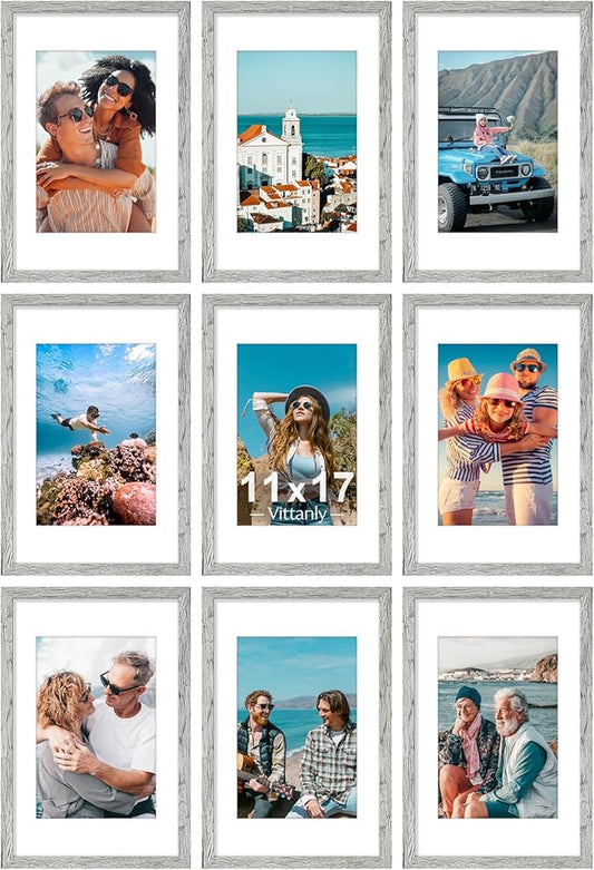 Vittanly 11x17 Picture Frames Set of 9, Shatter Resistant Plexiglass, Display 8x12 Pictures with Mat or 11x17 without Mat, Photo Frames for Wall Mount, Engineered Wood, Grey