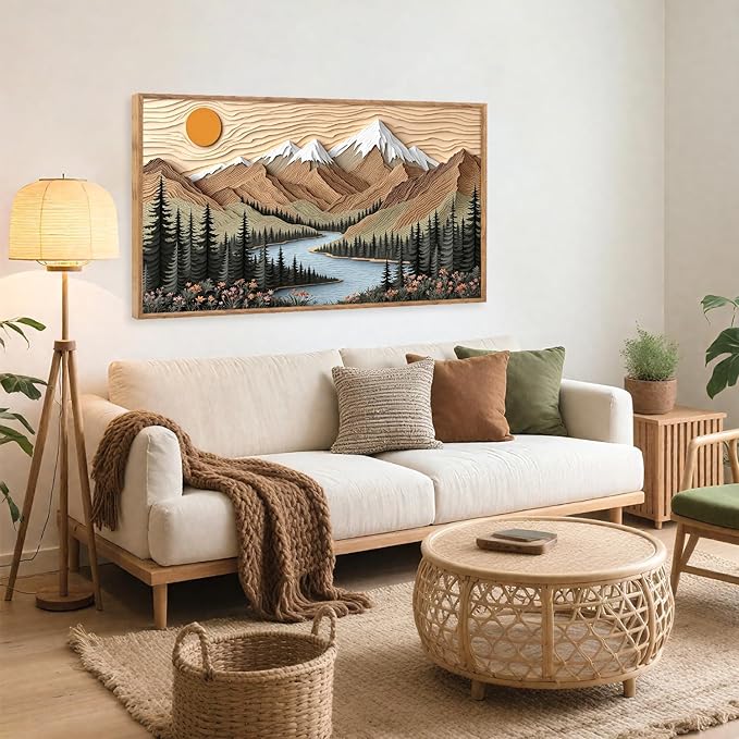 CHDITB Mountain Framed Wall Art, Long Horizontal Mountains Wall Decor, Sun Lake Pine Trees Nature Wall Painting, Modern Rustic Farmhouse Landscape Art Prints For Bedroom Office Decoration 20"x40"