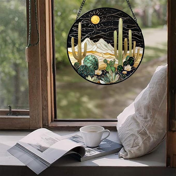 Stained Glass Window Hanging, Black and White Golden Cactus Nature Suncatcher for Doors Window Home Starry Sky Sun Catchers Decor Mother's Day Birthday Gifts for Women, Men Mom 15 in