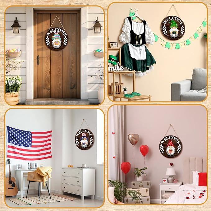 Qunclay Interchangeable Wooden Gnome Decor Holiday Seasonal Gnome Decorations with Magnet Pieces and Detachable Hats Changeable Welcome Sign for Home (Elegant Style)