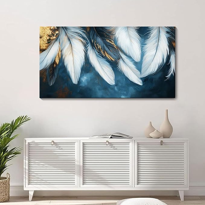 Mofutinpo Blue and Gold Wall Art Navy Blue Pictures for Living Room Feather Canvas Wall Art Blue Bedroom Wall Decor Above Bed Pictures Wall Decor, Painting - Artwork for Walls 20×40IN