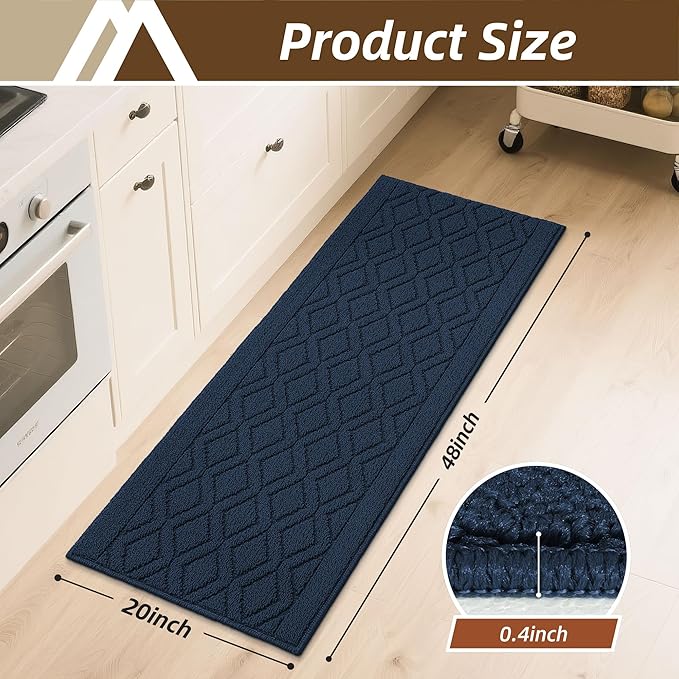 COSY HOMEER-Kitchen-Rugs-and-Mats 20"x48" Non Slip Kitchen Mats for Floor Absorbent Washable Kitchen Runner Standing Floor Mat for Sink Mat,Entry,Laundry,Polypropylene,Navy Blue