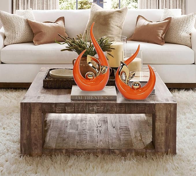 2 PCS Orange & Gold Mid Century Modern Decor Ceramic Statue - Dining Table Decorations & Centerpieces for Tables, Entryway, Kitchen, Shelf, Bookshelf