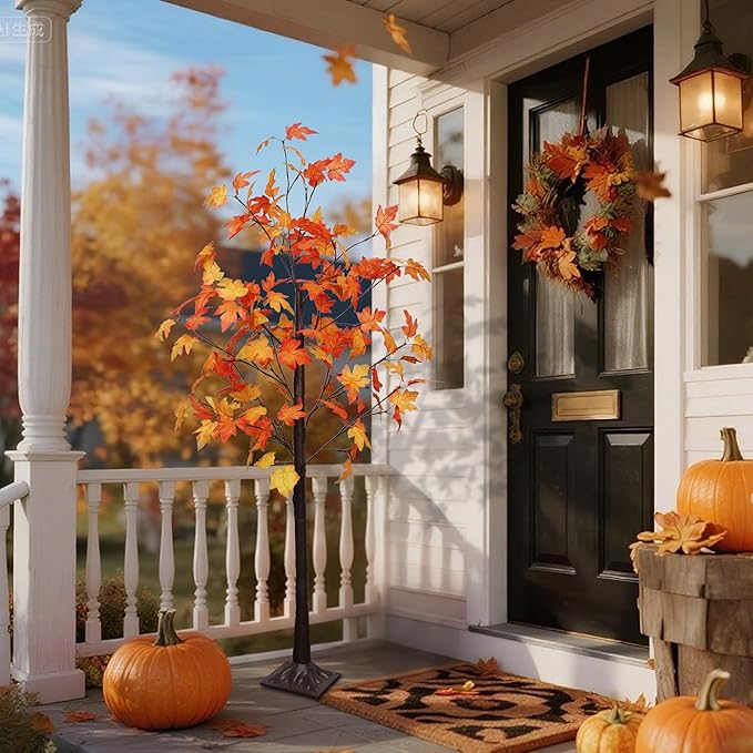 DR.DUDU 5 FT Fall Decorations for Home, Lighted Fall Maple Tree with LED Lights - Artificial Autumn Trees for Indoor/Outdoor Decor, Porch, Patio, Thanksgiving Seasonal Decor