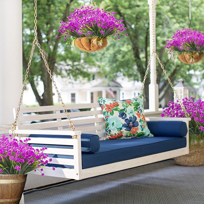 Artificial Fake Flowers, 12 Bundles Outdoor UV Resistant Greenery Shrubs Plants Indoor Outside Hanging Planter Home Garden Décor (Purple)