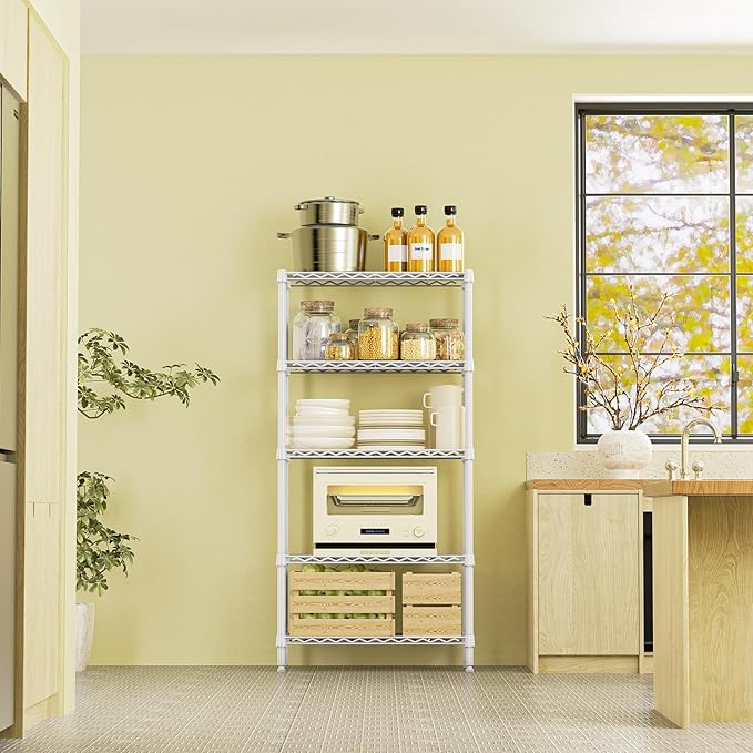 IZEUK 5 Tier White Metal Storage Shelves, Heavy Duty Wire Shelving Rack for Garage, Kitchen, Bathroom, Laundry, or Closet Organization, 1250 lbs Capacity, 11.8" D x 29.5" W x 59.5" H