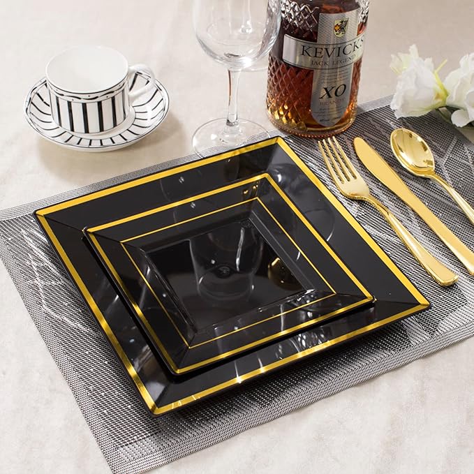 WDF 125Pieces Black Square Plastic Plates with Gold Rim Gold Disposable Silverware - include 25Pcs Dinner Plates,25Pcs Dessert Plates,25 Forks, 25 Knives, 25 Spoons for Halloween