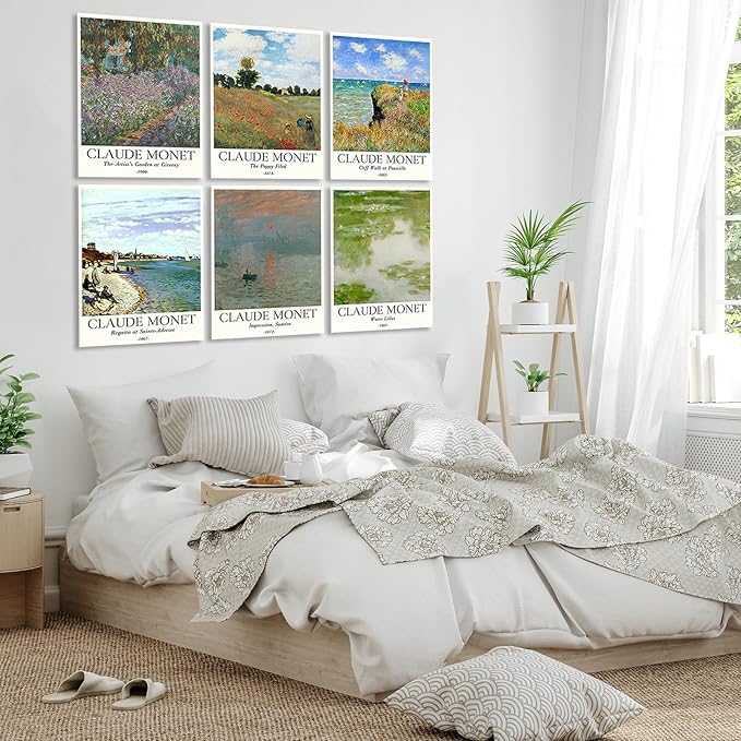 COSCTOR Set of 6 Claude Monet Wall Art Decor Canvas Vintage Famous Artist Retro Landscape Colorful Posters and Prints for Living Room Bathroom Bedroom Hallway Kitchen (Framed, 12x16)