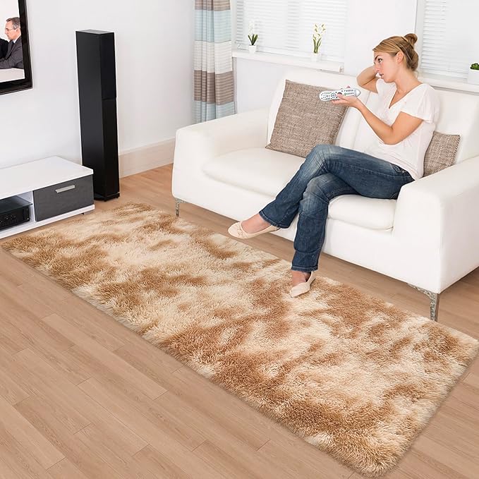 Super Soft Fluffy Living Room Area Rugs 2x6 ft Tie-Dyed Beige Shaggy Furry Carpet Washable Non-Slip Floor Rug Bedroom Bedside Nursery Rug Fuzzy Girls Boy Reduce Noise Dorm Home Decor