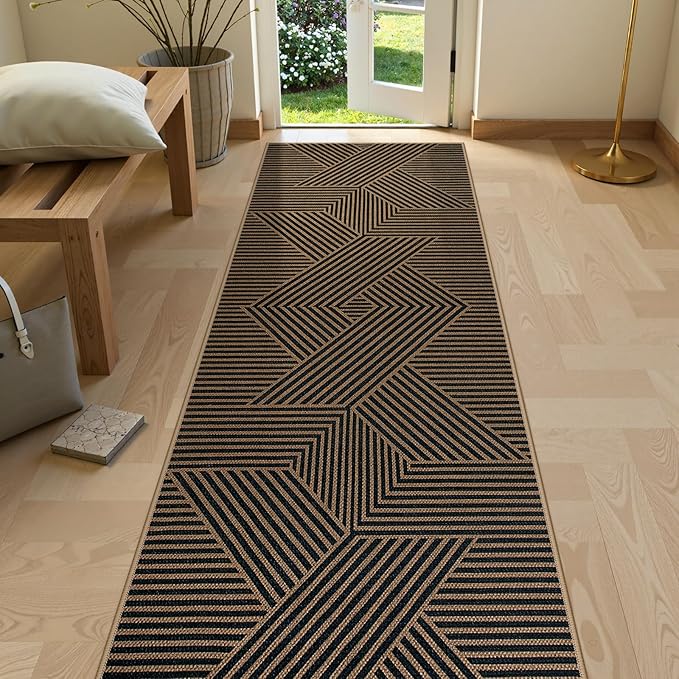 Lahome Modern Geometric Runner Rug, 2x8 Washable Rug Runners for Hallways Non Slip, Black Outdoor Carpet with Rubber Backing, Farmhouse Non Shedding Kitchen Mats for Floor Entryway