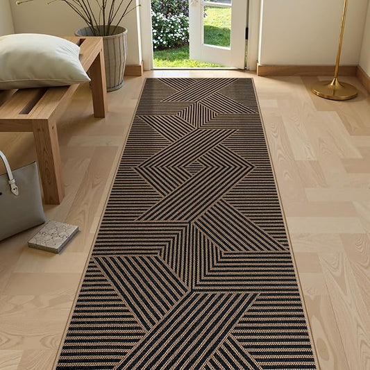 Lahome Modern Geometric Runner Rug, 2x8 Washable Rug Runners for Hallways Non Slip, Black Outdoor Carpet with Rubber Backing, Farmhouse Non Shedding Kitchen Mats for Floor Entryway