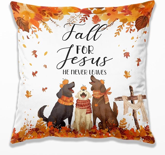 Christian Fall Dog Pillow Covers 18x18, Farmhouse Autumn Decor, Fall for Jesus He Never Leaves Pumpkin Autumn Maple Leaves Funny Puppy Decorative Throw Pillow Covers for Home Bedroom Living Room