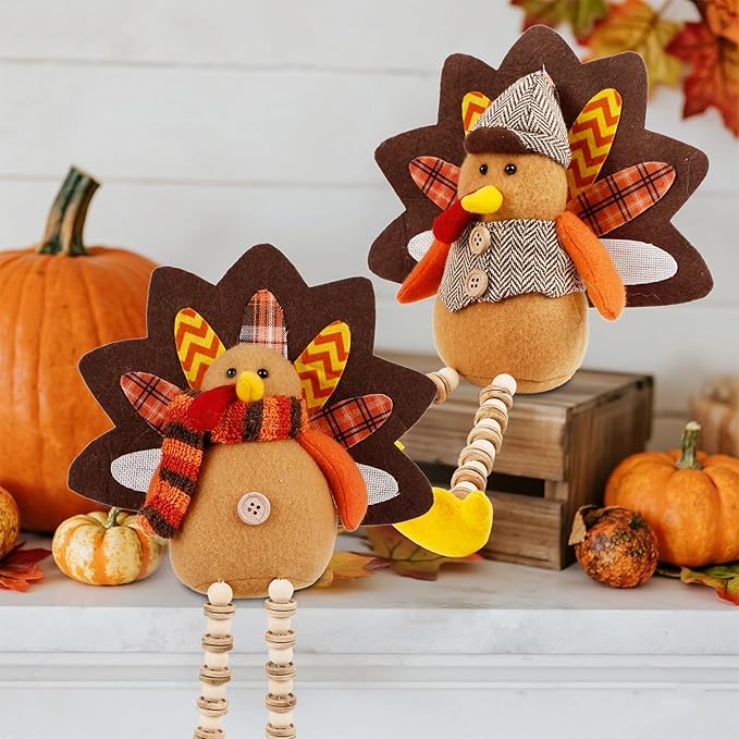 winemana Thanksgiving Decorations Set of 2 Turkeys with Dangling Legs, Mr and Mrs Turkey Couple Plush Tabletop Centerpieces for Fall Harvest Home Kitchen Shelf