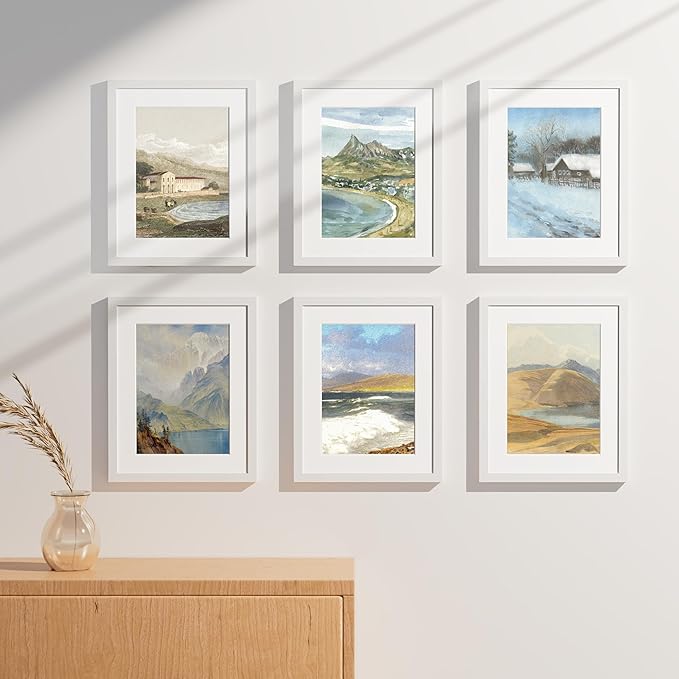 Vittanly 11x14 Picture Frames Set of 9, Shatter Resistant Plexiglass, Display 8x10 Pictures with Mat or 11x14 without Mat, Photo Frames for Wall or Tabletop, Engineered Wood, White