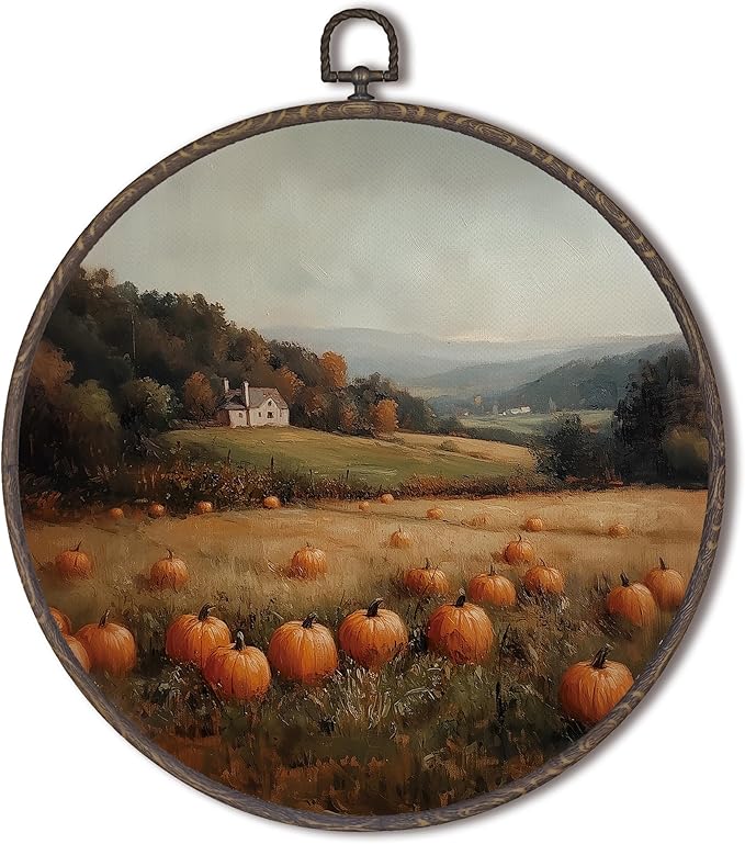 XNXLDYLH Rustic Fall Pumpkin Patch Round Framed Wall Art Decor, Farmhouse Hanging Wall Decor Decorations, Autumn Fall Landscape Canvas Prints Wall Art Pictures Paintings for Living Room, 10x10 Inches
