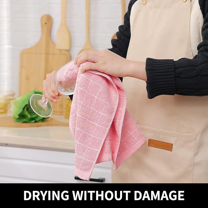 Homaxy 100% Cotton Terry Kitchen Towels(Pink, 13 x 28 inches), Checkered Designed, Soft and Super Absorbent Dish Towels, 8 Pack