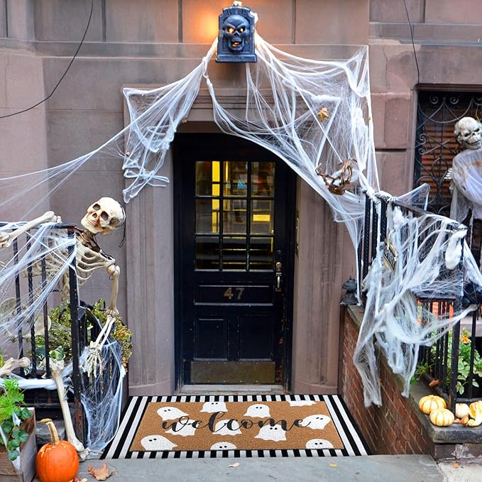 2 Pcs Halloween Welcome Door Mat Ghost Outdoor Welcome Mats for Front Door Non Slip Cute Ghost Coir Floor Mat Black White Stripe Halloween Rug for Outside Front Porch Entryway Decor