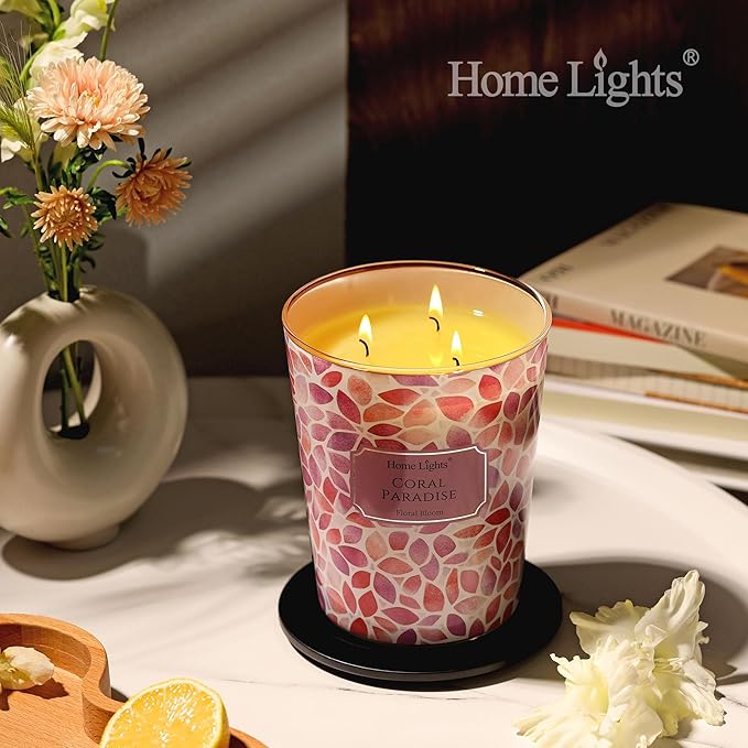 HomeLights Coral Paradise Scented Candles | 34oz Soy Candles Bohemian Natural Textures 3-Wick Large Candle Jars | Ideal Candle Gifts for Events, Home Decor Stress, Relief & Relaxation