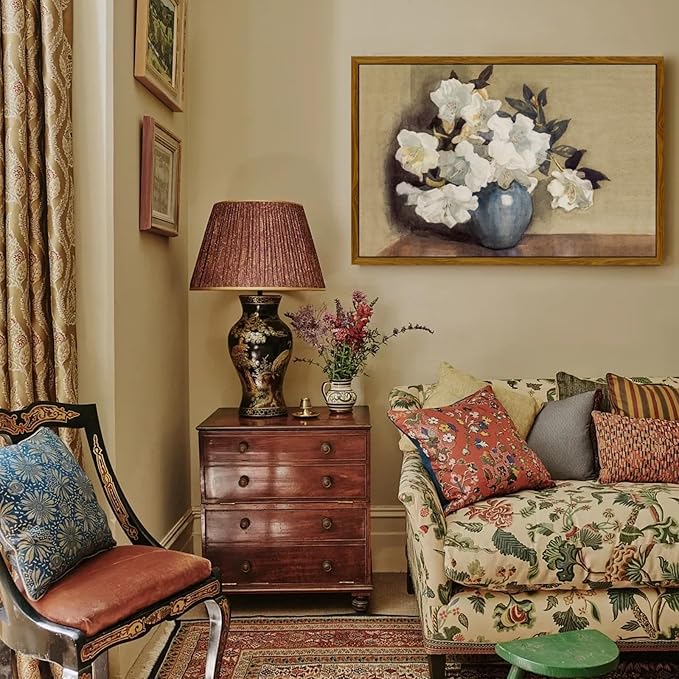 crmotu Framed Canvas Wall Art, Still Life Floral Vintage Art Prints, Classical White Flowers Botanical Decor Artwork, Retro Azalea Pictures Wall Decor Living Room Bedroom Kitchen Office 16x24in