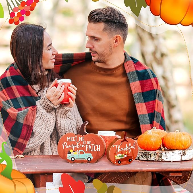 Jetec 4 Pcs Fall Decor for Home Thanksgiving Tiered Tray Decoration Fall Desk Decor Pumpkin Table Centerpiece Welcome Rustic Wood Block Sign for Office Autumn Table Mantel Decoration(Pumpkin Color)