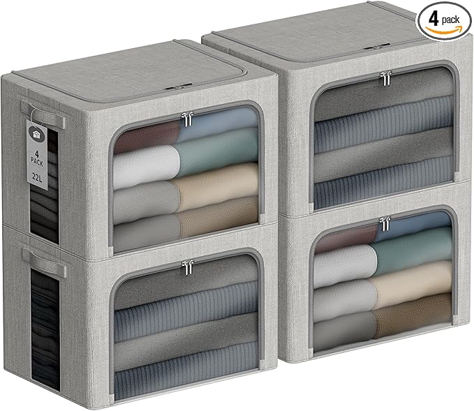 4 Pack Clothes Storage Bins with Metal Frame - 22L Stackable Storage Box with Lid，Foldable Storage Container Organizer for Clothes，Linen Fabric Storage Box with Clear Window＆Zippers＆Handles