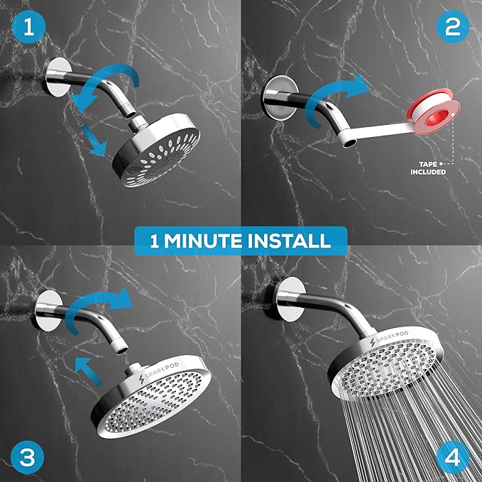 SparkPod Shower Head - High Pressure Rain - Premium Quality Luxury Design - 1-Min Install - Easy Clean Adjustable Replacement for Your Bathroom Shower Heads (Luxury Polished Chrome, 6 Inch Round)