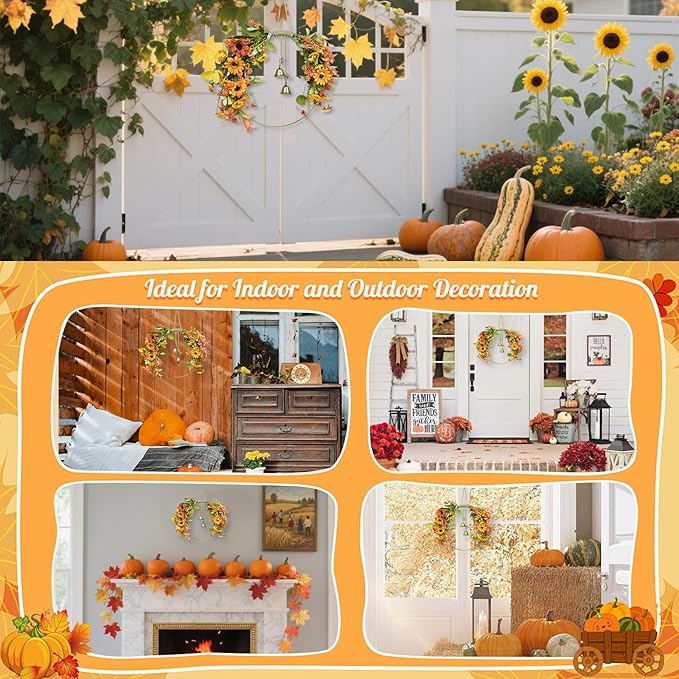 Fall Leaves Wreaths for Front Door Fall Half Wreath with Bell Artificial Falls Sunflowers Wreath with Mixed Leaves, Autumn Hoop Wreaths for Thanksgiving Window Home Wall Farmhouse Outdoor Indoor Décor