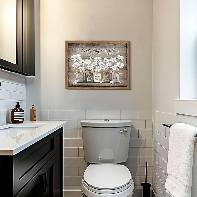 Rustic Bathroom Wall Art, Vintage Daisy Farmhouse Canvas Wall Decor Paintings, Flower Butterfly Inspirational Posters Prints Pictures Artwork for Bathroom Restroom 16x24 Inch Wood Framed