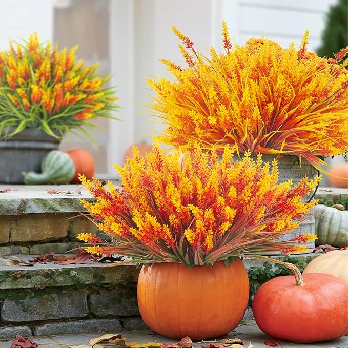 20 Bundles Artificial Plants Outdoor Fake Monkey Grass with Flowers (Fall Red)