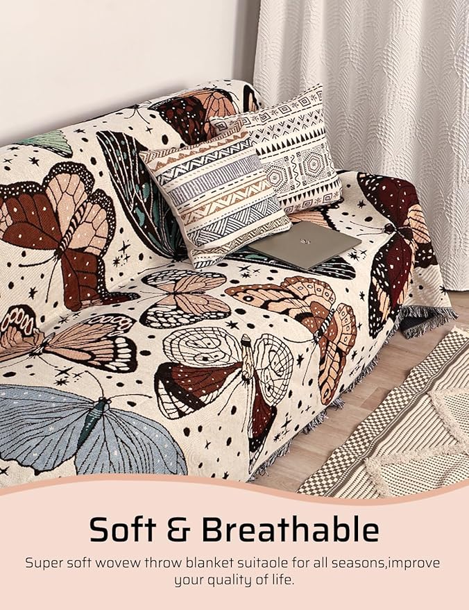 Boho Throw Blanket for Bed Couch Sofa Reversible Cotton Bohemian Travel Boho Quilt Mexican Muslin Blanket Tapestry Hippie Room Decor Outdoor Blanket Double Sided (Month Moth Print 70"x90")