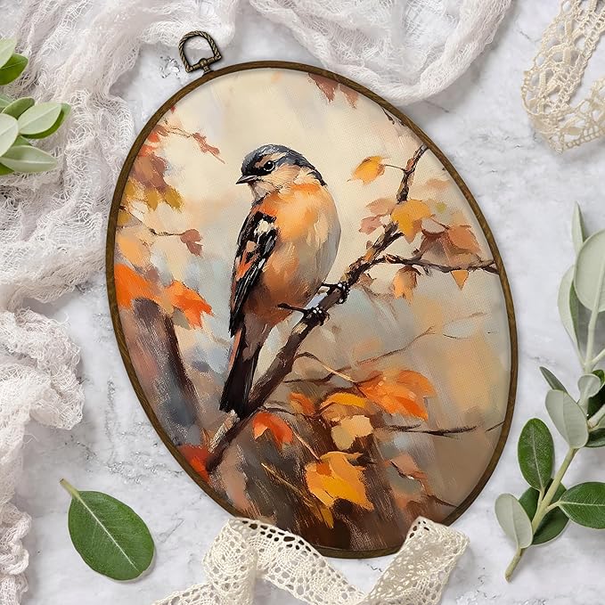 Gnmduw Vintage Fall Bird Oval Wall Art Framed, Rustic Fall Bird Canvas Prints Hanging Decor, Retro Farmhouse Country Sparrow Maple Leaf Wall Decor for Living Room Bedroom Bathroom, 8.7x11.3 In