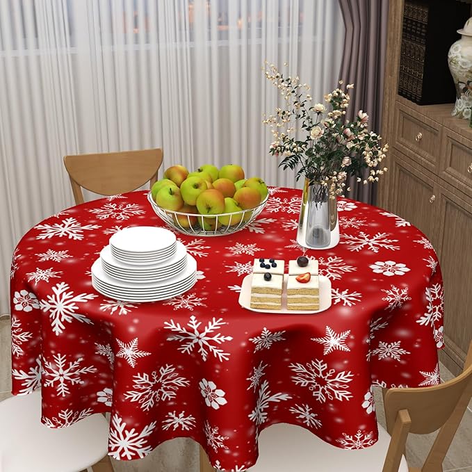 Merry Christmas Round Tablecloth 60 Inch Winter Red White Snowflakes Round Tablecloth for Christmas Washable Xmas Table Cloth for Home Kitchen Dining Room Patio Picnic Party Indoor Outdoor Decor