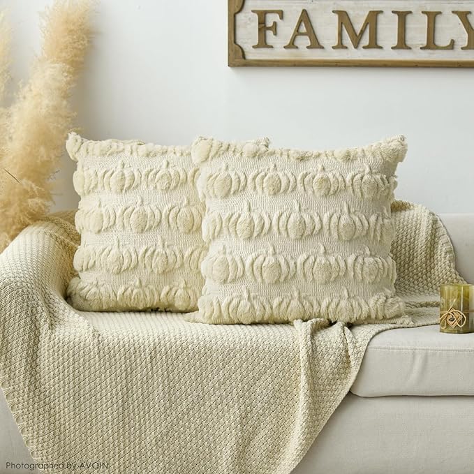 AVOIN colorlife Fall Pumpkin Beige Throw Pillow Covers, 16 x 16 Inch Seasonal Autumn Thanksgiving Harvest Decoration Soft Plush Faux Fur Jacquard Cushion Case Decoration for Sofa Couch Set of 2