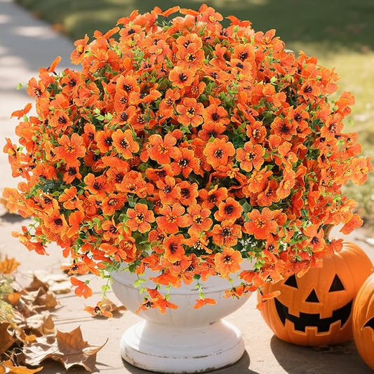 24 Bundles Fall Flowers Artificial for Decoration Outdoors, Fake Plants Autumn, Mums Daisy Eucalyptus Realistic UV Resistant for Garden Patio Porch Home Decor, Orange