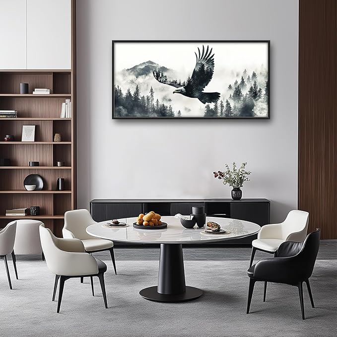 Framed Large Wall Art for Living Room, Flying Bald Eagle Canvas Wall Decor, Large Mountain Forest Pictures Framed Painting, Natural Landscape Artwork for Bedroom Office Home Decor 60L'' × 30W''