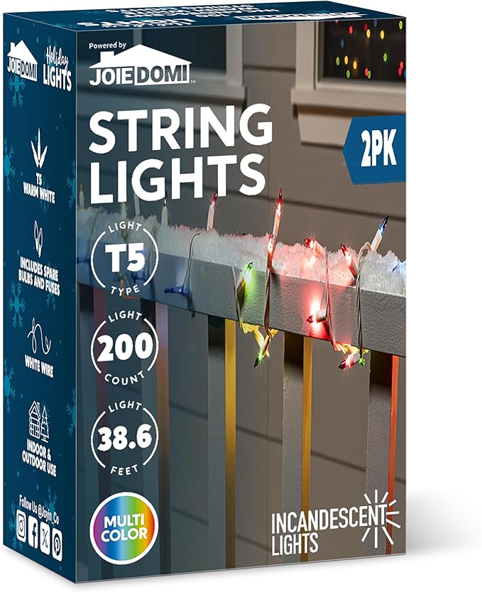 Joiedomi Christmas String Lights Indoor,200(2x100) Mini Multicolor Light with 42.8 FT White Wire,Lighting Decor for Patio Dorm Classroom Bedroom Holiday Wedding Party Garland Birthday Festival