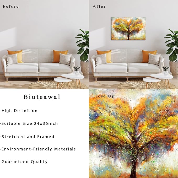 Biuteawal Tree Wall Art Love Heart-Shaped Tree Picture Orange Painting Prints Country Artwork Contemporary Home Farmhouse Living Room Bedroom Decoration Framed Ready to Hang