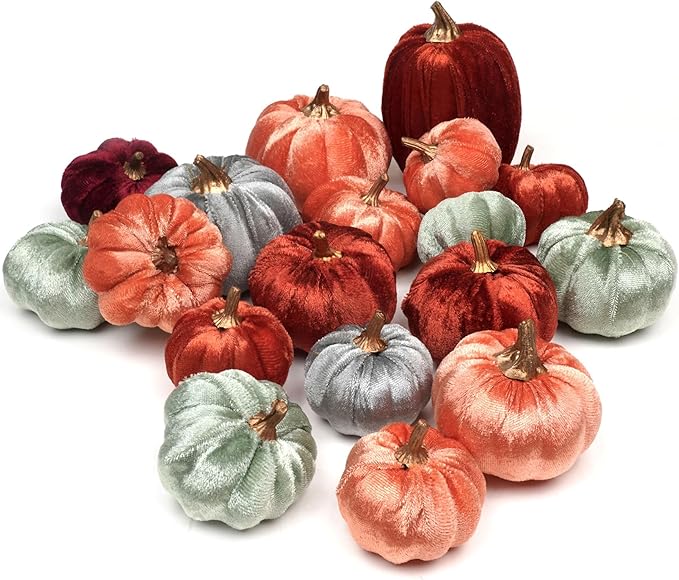18 Pcs Velvet Pumpkins, Fake Assorted Velvet Pumpkins Harvest Festival Thanksgiving Halloween Decor, Autumn Table Centerpiece Decoration (Assorted Colors-Velvet)