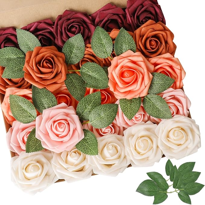 AmyHomie Artificial Flower Shades of Burgundy Rose 25pcs Real Looking Fake Roses w/Stem for DIY Wedding Bouquets Centerpieces Arrangements Party Baby Shower Home Decorations