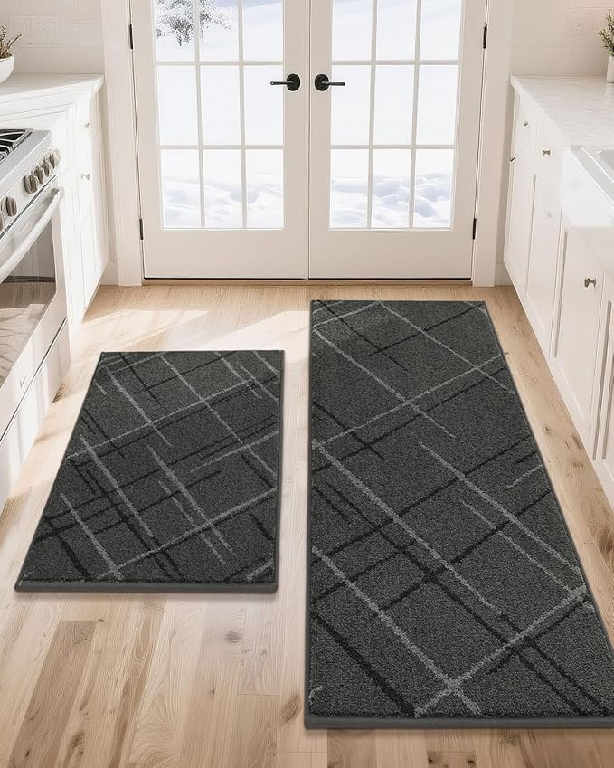 COSY HOMEER Kitchen Mats, 2 PCS Kitchen Rug Non Slip Washable, Absorbent Runner Rugs for Kitchen Floor, Polyester Kitchen Sink Rug 24"x36" + 24"x60"(Grey)
