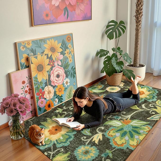 Lahome Collection Modern Floral Area Rug - 3'x5' Non-Slip Colorful Vintage Area Rug Accent Distressed Throw Rugs Floor Carpet for Living Room Bedrooms Decor (3’X 5’, Green)