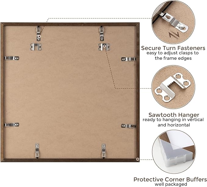 16x16 Picture Frames, Solid Oak Wood Photo Frame 16 by 16, Rustic Wooden Square Picture Frame with Tempered Real Glass, 16 x 16 Square Frame Matted to 12 x 12, Walnut Color, Set of 2
