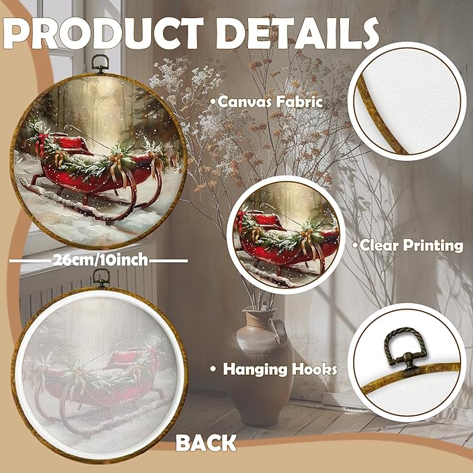 CUANFDDSF Vintage Christmas Sleigh Round Wall Art Decor, Rustic Farmhouse Winter Xmas Sleigh Holiday Wall Hanging Frame Decor, Cozy Christmas Canvas Prints Decorations for Home Bedroom, 10x10 Inch