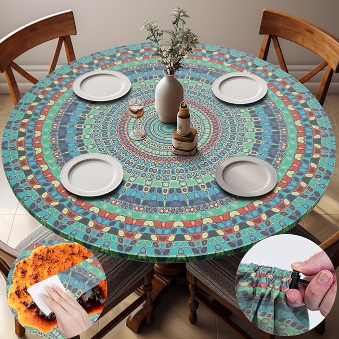 Boho Vinyl Round Tablecloth Waterproof Fitted Table Cloth Summer Fall Outdoor Circle Cover for 36-44" Tables Kitchen Dining Apartment Essentials Picnic Camping Party Decor Housewarming Gifts