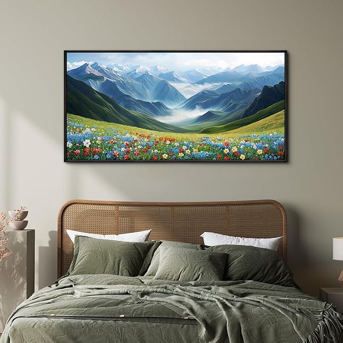 KLAKLA Mountain Wall Art - Large Landscape Living Room Wall Decor Rustic Wild Daisies Misty Forest Snowy Mountains Canvas Picture Framed Artwork for Walls - 58x29 Inches