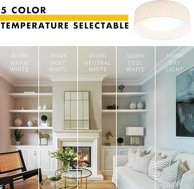 Hamilyeah 15 inch Ceiling Light Flush Mount Set of 2, LED Kitchen Lighting Fixture Ceiling Mount with Fabric Shade, 5CCT Drum Ceiling Light Fixture Overhead for Living Room, Kitchen, Bedroom, Hallway