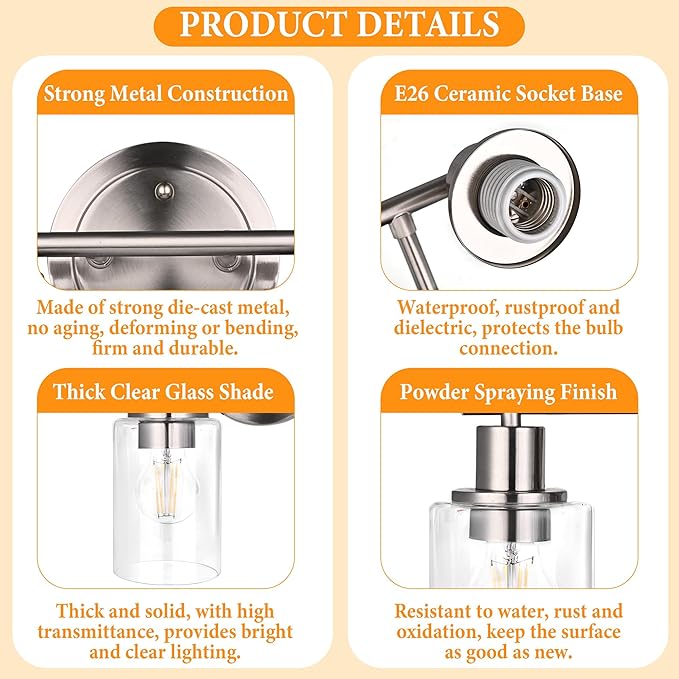 Brushed Nickel 2-Light Bathroom Lighting Fixtures Over Mirror - Brushed Nickel 2 Light Vanity Lights for Bathroom, 2-Bulb Wall Sconce Over Sink