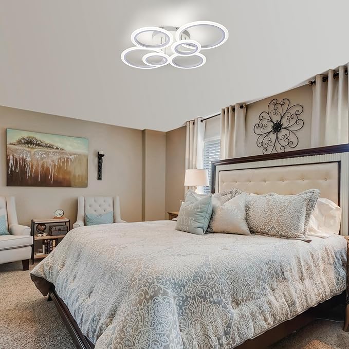 Modern LED Ceiling Light, White 6 Rings Flush Mount Ceiling Light, 4000K Lighting Fixture Ceiling Lamp for Kitchen, Bedroom, Living Room, Laundry Room